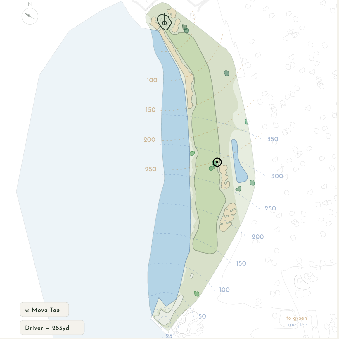 A hole rendered in plan view. Aim line, water, fairway, green.